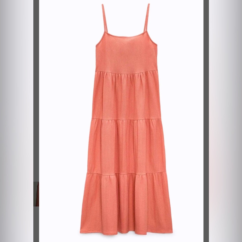 ZARA TIERED MIDI DRESS - CORAL - Picture 2 of 2